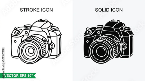 Camera icons featuring both stroke and solid design variations are presented side by side for professional graphic use.