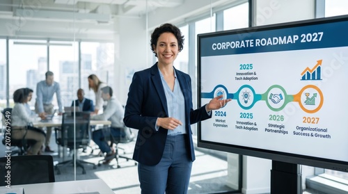 Businesswoman Presenting Corporate Roadmap for Strategic Direction towards Organizational Success and Growth in Innovative Environment