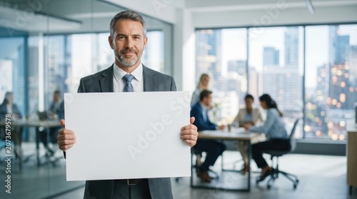 Professional Businessman Holding Blank Sign in Modern Office with Team Collaborating in Background and Cityscape View