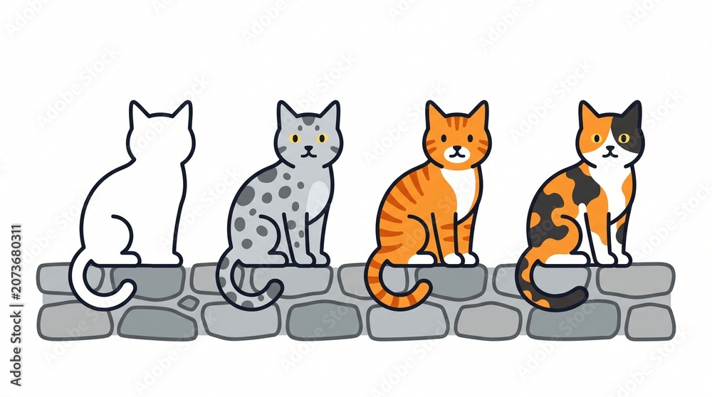 Naklejka premium Four cats sitting on a stone wall in different colors and patterns