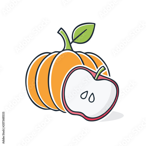 Flat illustration of pumpkin and sliced apple