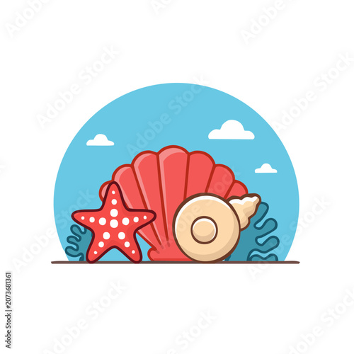 Flat illustration of seashell, starfish and coral on blue background