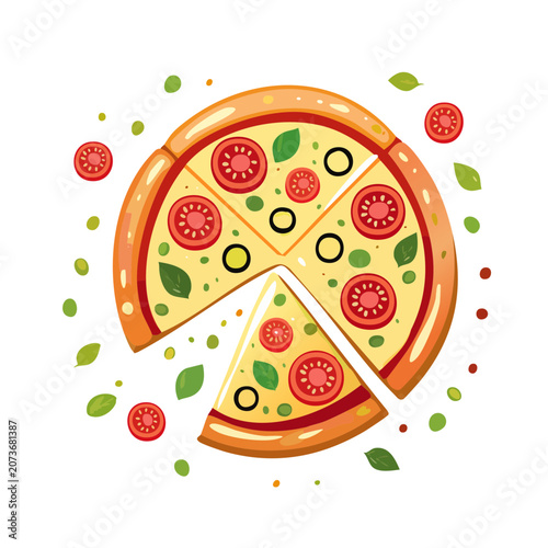Flat vector illustration of pizza with slice cut out