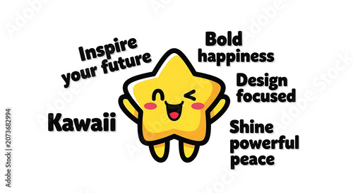 Cute cartoon star character with happy face and inspirational words around it transparent background