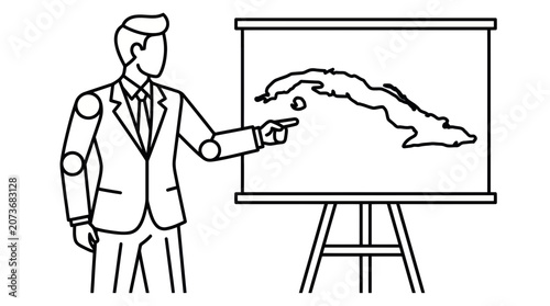 Businessman presenting Cuba map on whiteboard, strategy meeting