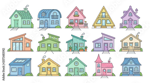 Collection of Diverse Cartoon Houses, Residential Buildings, Vector Illustration