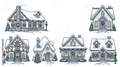 Charming Snow-Covered Houses Decorated for Christmas Holidays