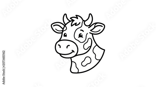 Cute Cartoon Cow Head - Outline Drawing, Simple Animal Illustration