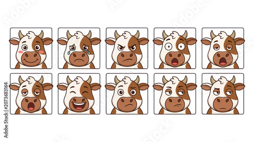Cute Cow Faces Expressing Various Emotions - Cartoon Farm Animal Emoticons