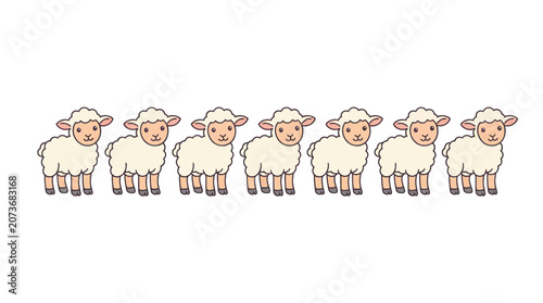 Cute Cartoon Sheep Row Isolated on White Background