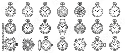 Obraz na płótnie Collection of Vintage Pocket Watches and Wristwatches Vector Line Art Icons