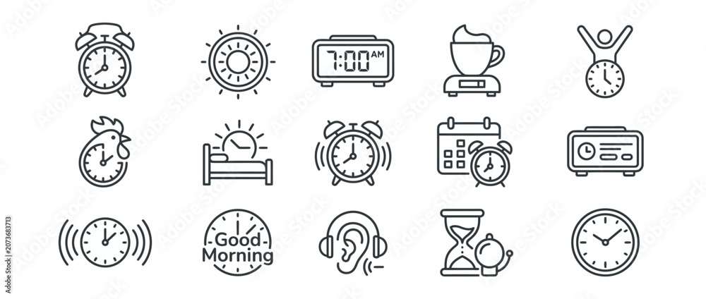 Fototapeta premium Minimalist Alarm Clock and Morning Schedule Linear Icons Collection