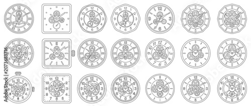 Mechanical watch face collection with visible gear mechanisms and diverse dial designs in line art