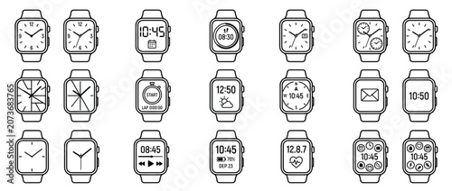 Minimalist Smart Watch Line Icons Collection with Various Digital and Analog Interface Faces
