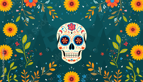 Fotografía Vibrant illustration of a decorated sugar skull surrounded by colorful marigolds and floral patterns on a dark teal background, celebrating Day of the Dead