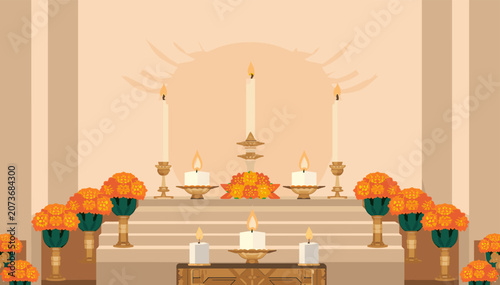 Bild auf Leinwand A stylized altar adorned with numerous lit candles and vibrant orange marigold flowers, set against a warm, light-colored architectural background