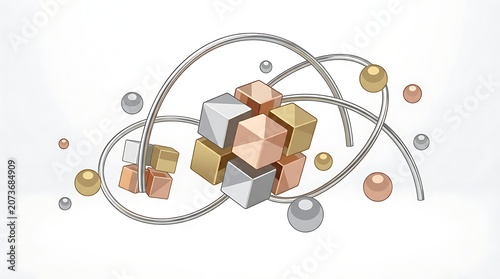 Abstract 3D Geometric Cube with Spheres and Orbits on White Background.