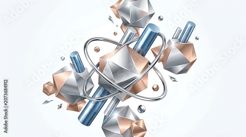 Abstract 3D geometric shapes with metallic elements and spheres.