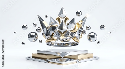 Shiny Crown on Pedestal with Floating Spheres.