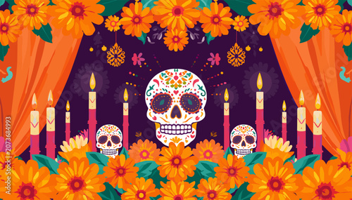 Photos Vibrant Day of the Dead altar adorned with marigolds, sugar skulls, and candles, celebrating Mexican culture and remembrance