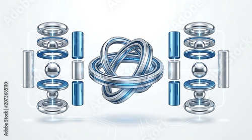 Abstract 3D Render of Metallic and Blue Geometric Shapes on White Background.