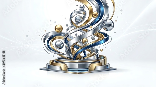 Dynamic Abstract Swirl of Silver and Gold Spheres on Pedestal.