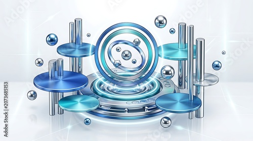 Abstract 3D Rendered Scene with Metallic Spheres and Cylinders on a White Background.