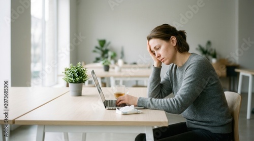 Tired Woman Working On Laptop Feeling Exhausted And Overwhelmed At Desk