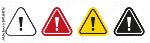 Warning triangle icon set, red yellow and black exclamation caution signs for hazard alert, safety notice, risk prevention, emergency symbol signage. Vector illustration.