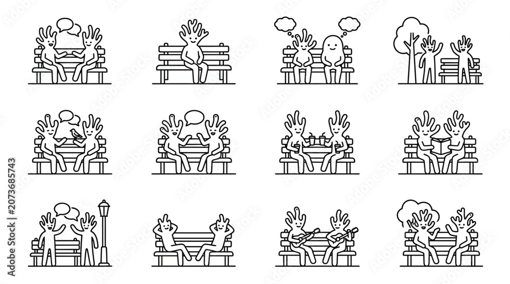 Obraz premium People sitting on park benches line icon set