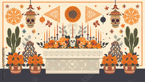 Foto Traditional Day of the Dead altar with marigolds, candles, sugar skulls, and decorative elements