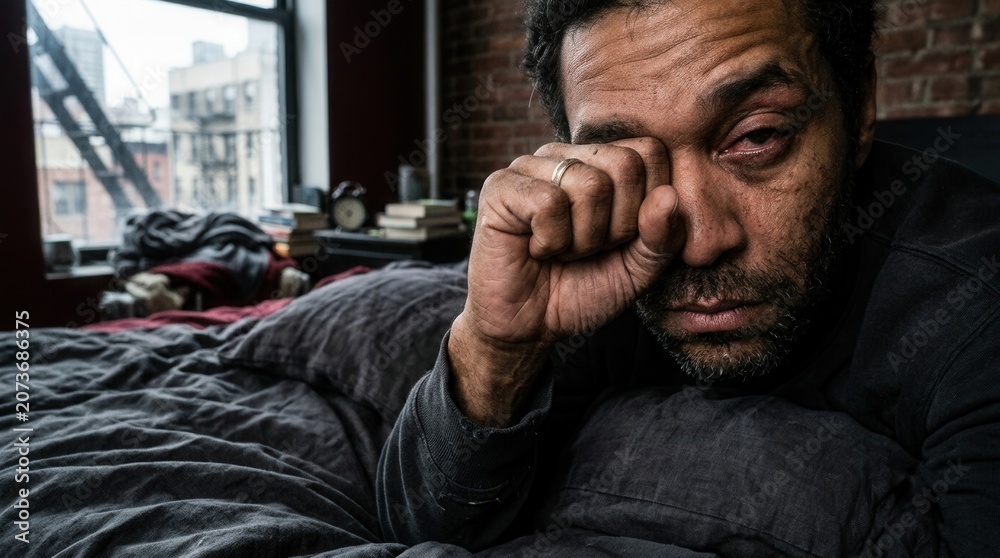 Fototapeta premium Tired Man Rubbing His Eyes While Lying In Bed Exhausted