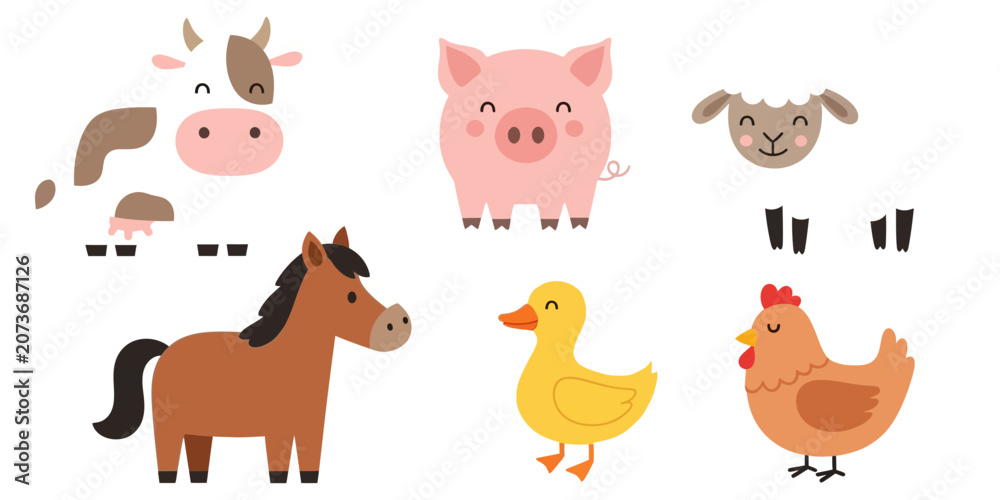 Fototapeta premium Cute Farm Animal Illustrations Cow, Pig, Sheep, Horse, Duck, and Chicken