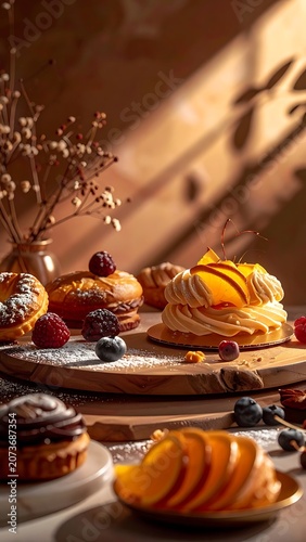A beautiful arrangement of pastries and fruits on a wooden table indoors