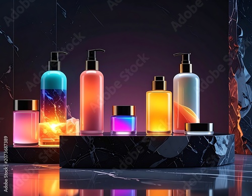 A collection of colorful bottles on a black marble display