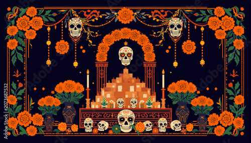 Fotografie Vibrant pixel art depiction of a traditional Day of the Dead altar adorned with marigolds, candles, and sugar skulls against a dark background