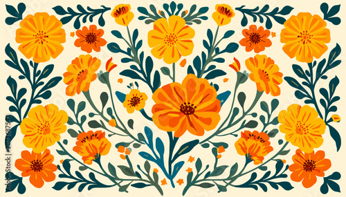 Obraz na płótnie A vibrant and colorful floral arrangement featuring large orange marigolds and smaller blossoms surrounded by dark green foliage on a cream background