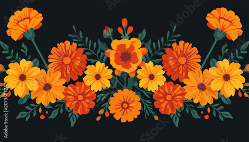 Foto A vibrant and detailed illustration of a floral border featuring marigolds and greenery against a dark background