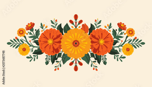 Obraz na płótnie A vibrant floral arrangement featuring three large marigold-like flowers in shades of orange and yellow, flanked by smaller blossoms and green foliage, set against a cream background