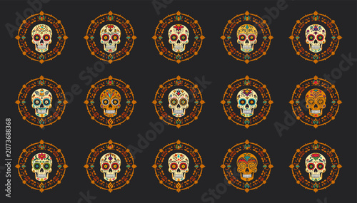 Bild auf Leinwand A collection of fifteen vibrantly decorated sugar skulls, each enclosed in an ornate circular frame, set against a dark background, representing Dia de los Muertos