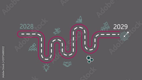 A winding roadmap illustrating business growth and success from 2028 to 2029 featuring vibrant pink accents and icons for teamwork innovation partnership and achievement