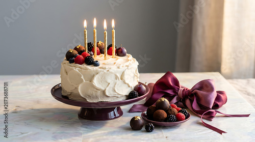Fresh berry celebration cake with candles and ribbon presentatio