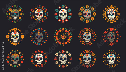 Konstfotografi Collection of vibrant sugar skulls with intricate floral and geometric patterns, celebrating Dia de los Muertos culture on a dark background