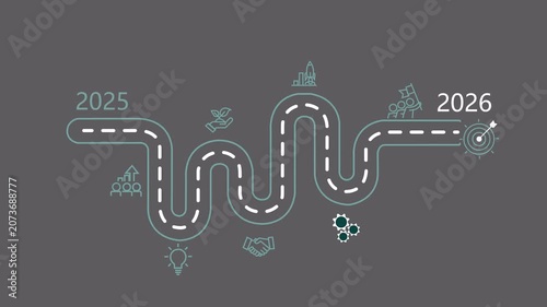 A winding roadmap illustrating a business journey from 2025 to 2026 with icons representing growth investment teamwork innovation partnership and achievement of goals