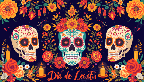 Foto Vibrant illustration of three decorated sugar skulls with marigolds, roses, and candles for Día de Muertos celebration on a dark background