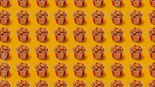 A vibrant pattern of fried chicken buckets fills the scene with food.