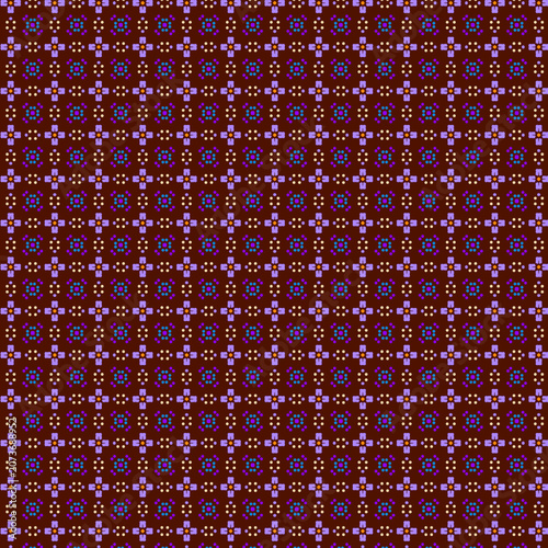 Foto Dark chocolate brown background with small geometric flowers and polka dots Simp