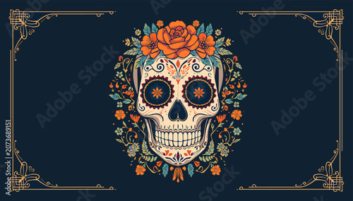 Canvastavla Intricately decorated sugar skull with vibrant orange roses and floral patterns, set against a dark blue background with elegant golden borders, celebrating Dia de los Muertos