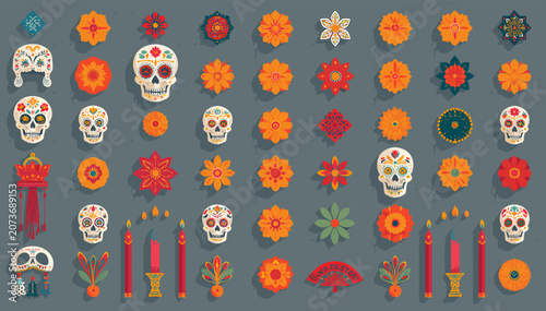 Cuadro en lienzo Vibrant collection of Dia de los Muertos elements including sugar skulls, marigolds, and candles on a grey background