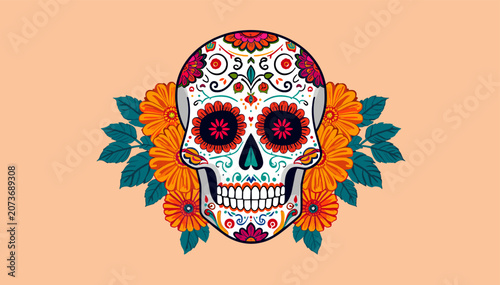 Bild auf Leinwand Vibrantly decorated sugar skull with intricate floral patterns and marigold flowers on a peach background, representing Dia de los Muertos